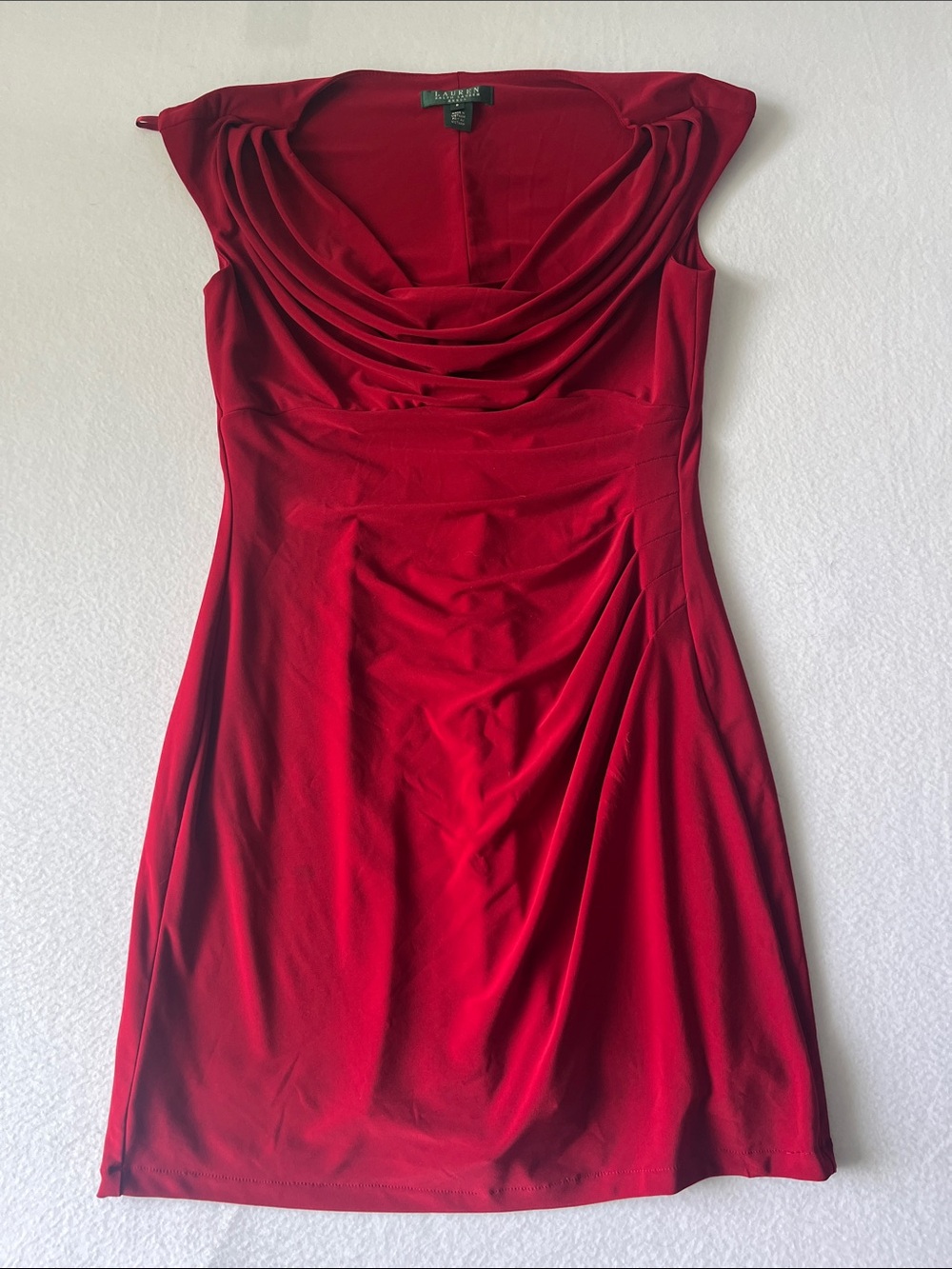 Ralph Lauren Red Draped Cowl Midi Dress with Side Pleats